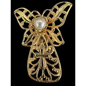 Jane Davis Gold Tone Cross Angel Filigree 1.5” Pin Brooch w/ Faux Pearl Vintage